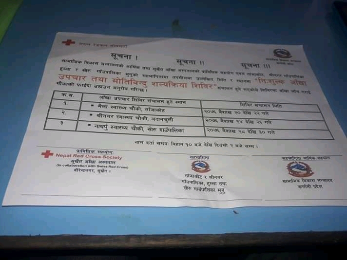 निशुल्क अँखा उपचार तथा मोतिबिन्दु सल्यक्रिया शिबिर संचालन हुने बारे !